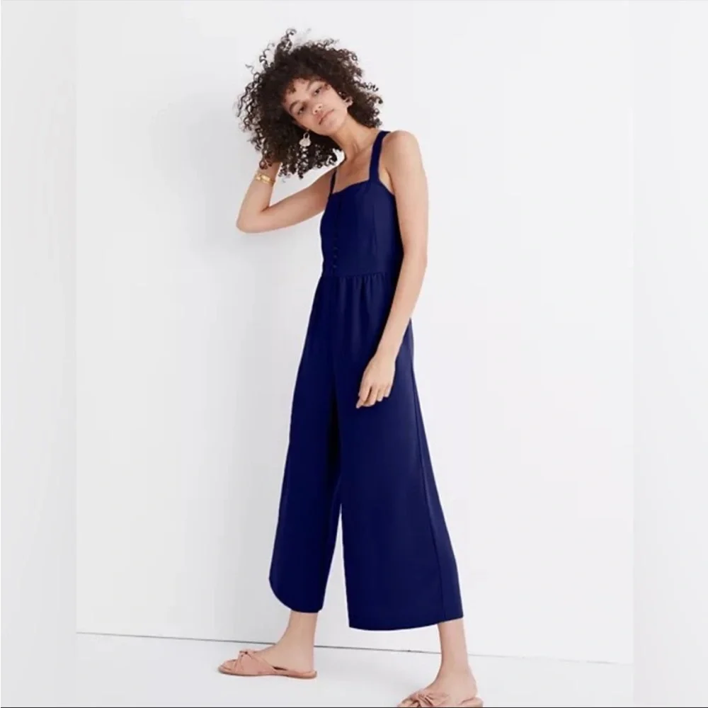 MADEWELL Navy Button Front Smocked Cross Back Jumpsuit Size 2 - Picture 2 of 16